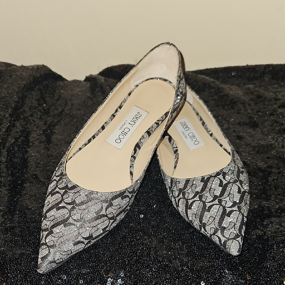 Jimmy Choo Monochrome Logo Pattern Pointed-Toe Flats | EU 36 | Excellent